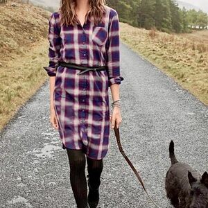 Garnet Hill Navy Blue & Purple Soft Pima Cotton Plaid Flannel Button Down Dress